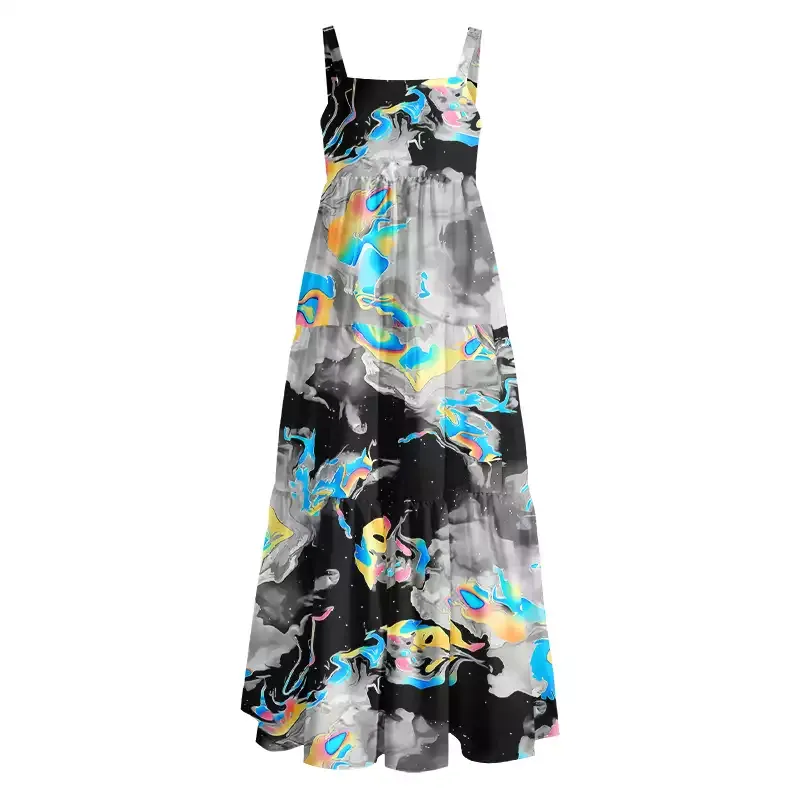 Soulisfree Cyber Iridescent Fluid Swirl Boho Maxi Dress