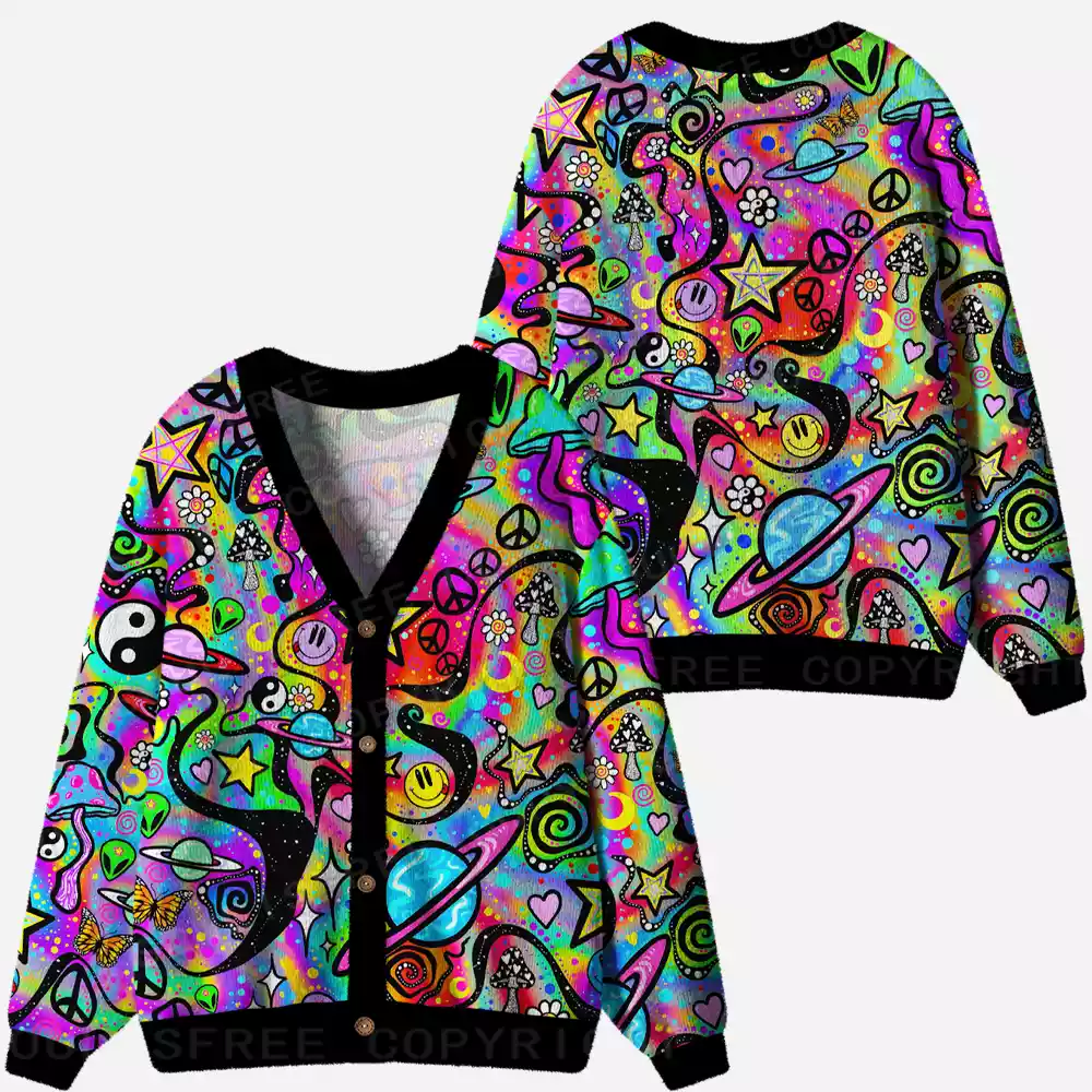 Psychedelic Symbol Collage Ugly Cardigan Sweaters