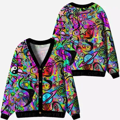 Psychedelic Symbol Collage Ugly Cardigan Sweaters