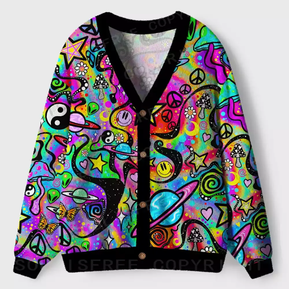 Psychedelic Symbol Collage Ugly Cardigan Sweaters