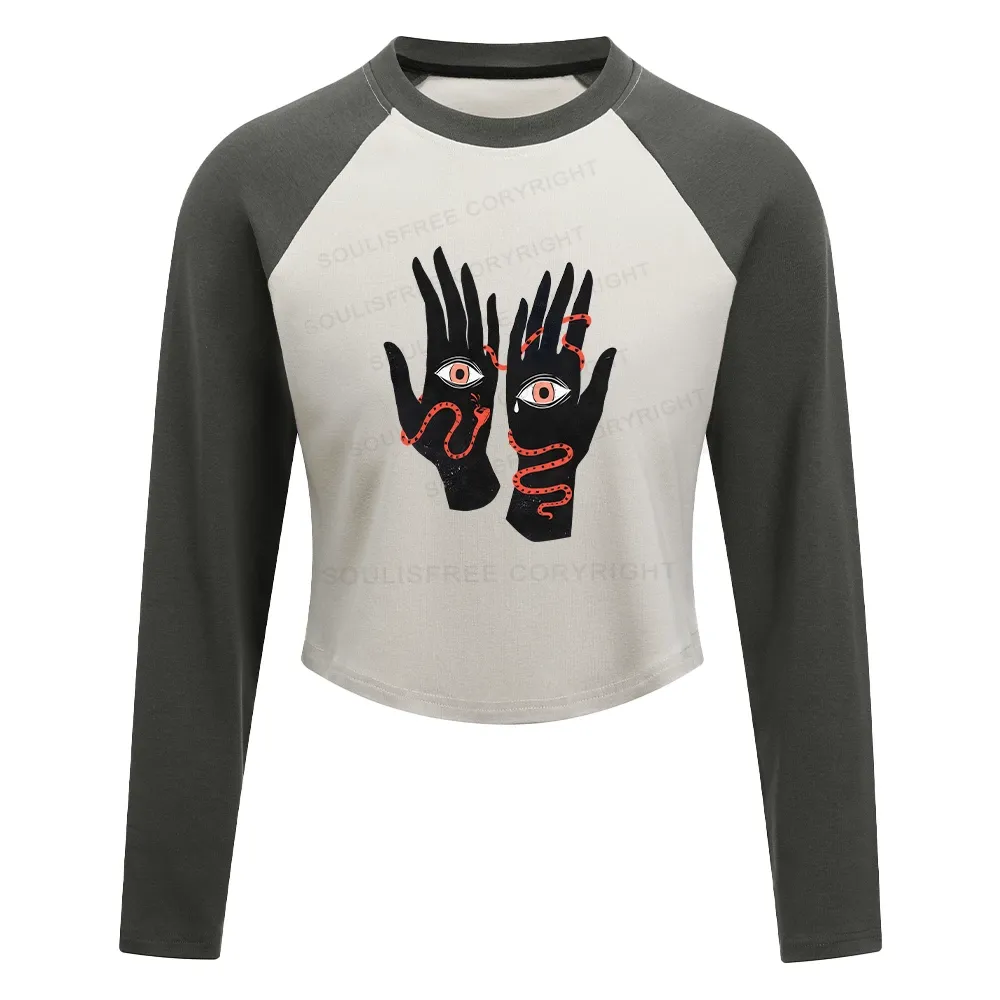 The Eyes Will Not Deceive You Color Block Raglan Long Sleeve Crop Top