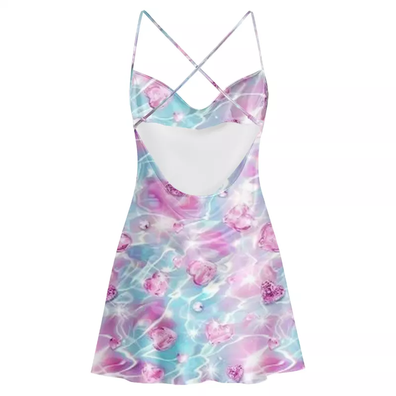 Soulisfree Floating Pink Heart Watercore Cowl Neck Satin Mini Dress