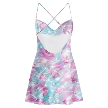 Soulisfree Floating Pink Heart Watercore Cowl Neck Satin Mini Dress