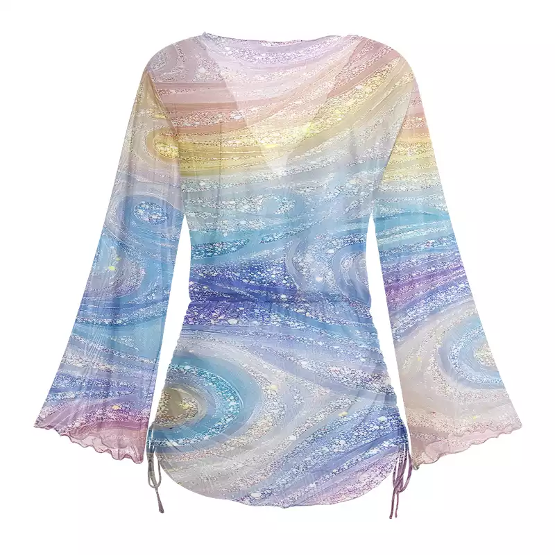 Soulisfree Glittery Rainbow Ombre Swirl Sheer Mesh Cover Up