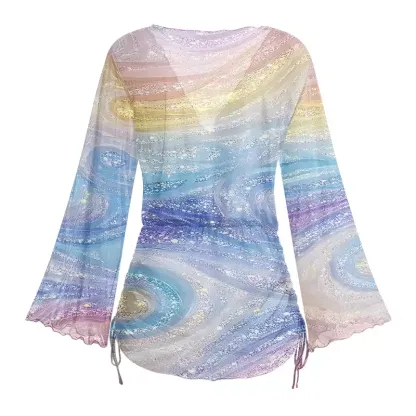 Soulisfree Glittery Rainbow Ombre Swirl Sheer Mesh Cover Up
