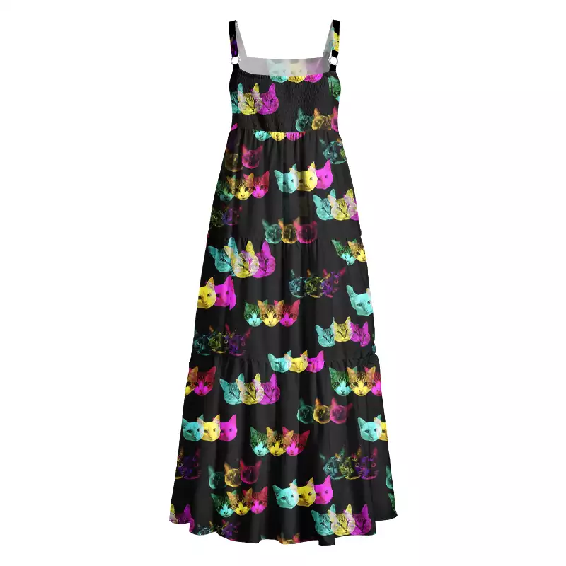 Soulisfree Glitch Art Neon Cat Boho Maxi Dress