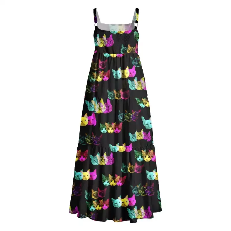 Soulisfree Glitch Art Neon Cat Boho Maxi Dress