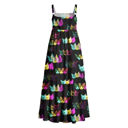Soulisfree Glitch Art Neon Cat Boho Maxi Dress