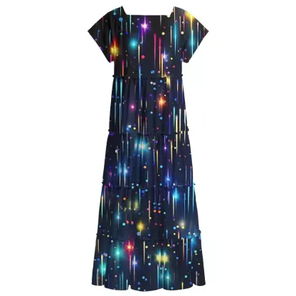 Soulisfree Neon Meteor Shower Galaxy Square Neck Maxi Dress