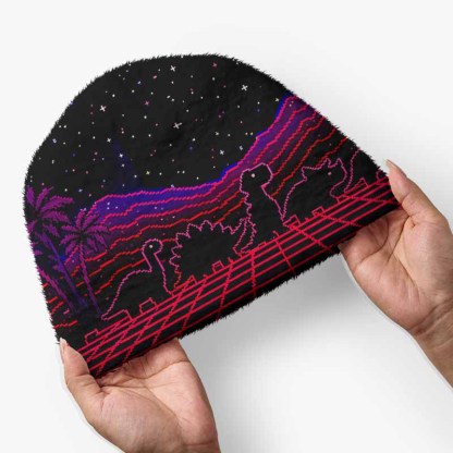 Soulisfree Pixel Dinosaur Neon Sunset Fuzzy Beanie