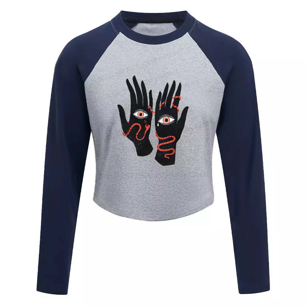 The Eyes Will Not Deceive You Color Block Raglan Long Sleeve Crop Top
