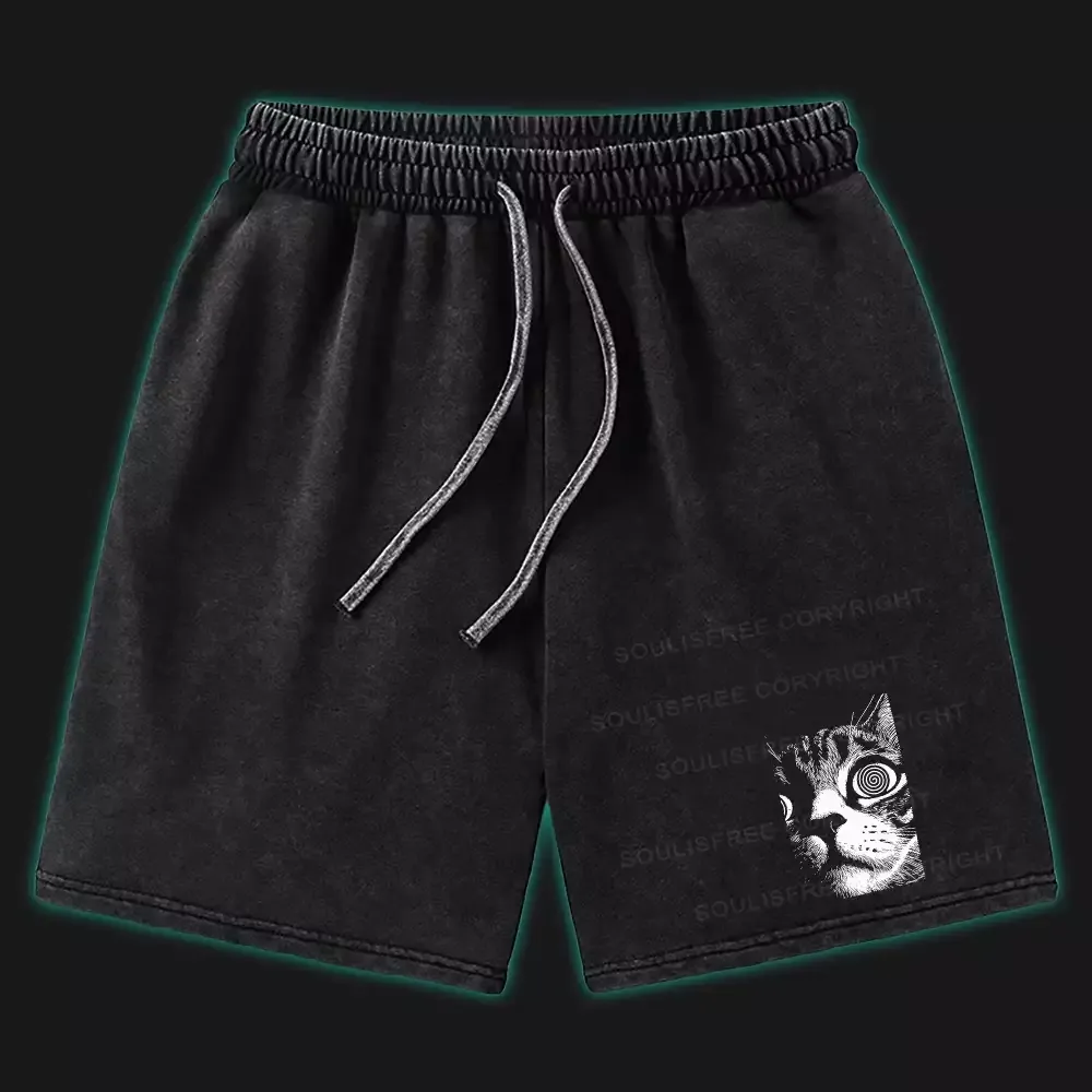 Designed Psychedelic Cat Washed Shorts
