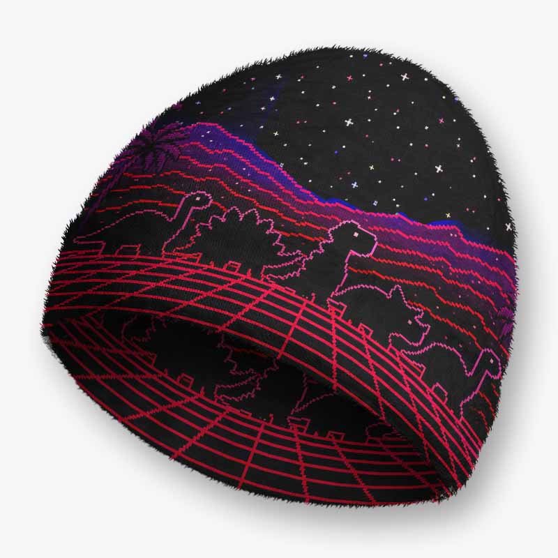 Soulisfree Pixel Dinosaur Neon Sunset Fuzzy Beanie
