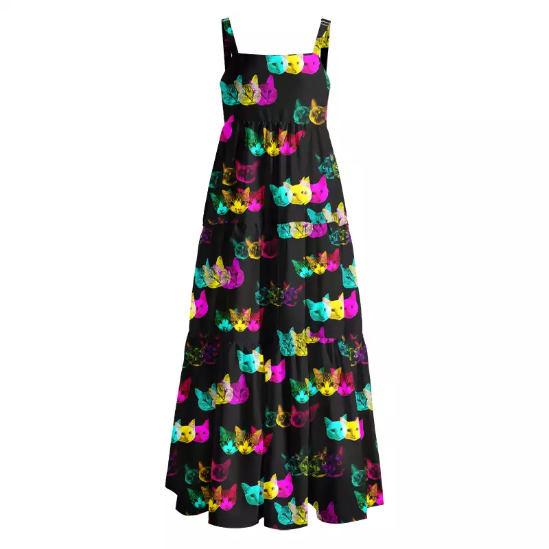 Soulisfree Glitch Art Neon Cat Boho Maxi Dress