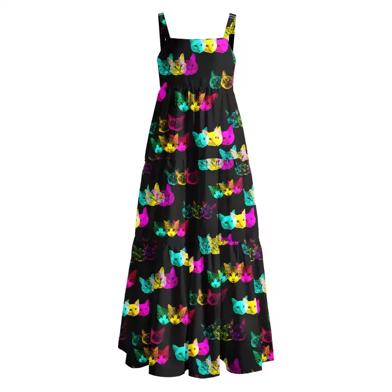 Soulisfree Glitch Art Neon Cat Boho Maxi Dress