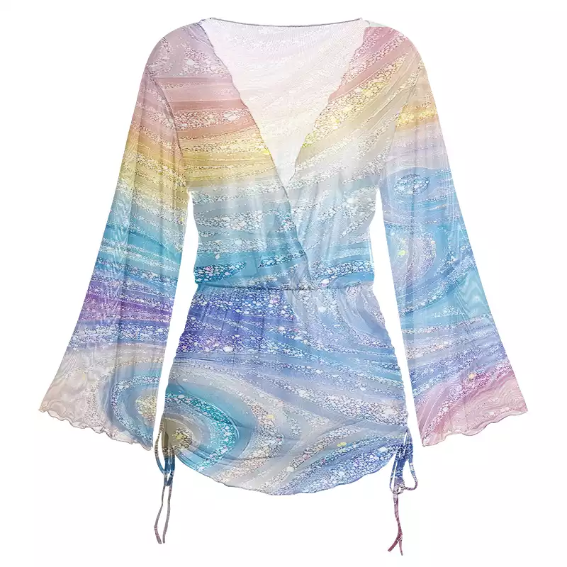 Soulisfree Glittery Rainbow Ombre Swirl Sheer Mesh Cover Up