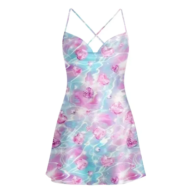 Soulisfree Floating Pink Heart Watercore Cowl Neck Satin Mini Dress