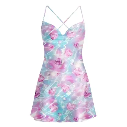 Soulisfree Floating Pink Heart Watercore Cowl Neck Satin Mini Dress