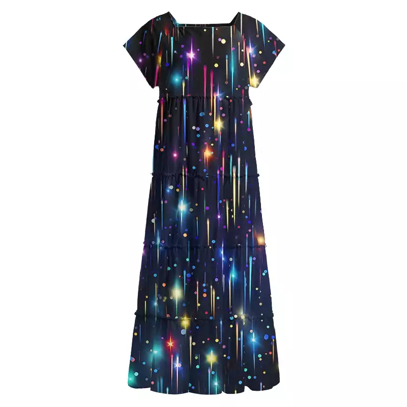 Soulisfree Neon Meteor Shower Galaxy Square Neck Maxi Dress