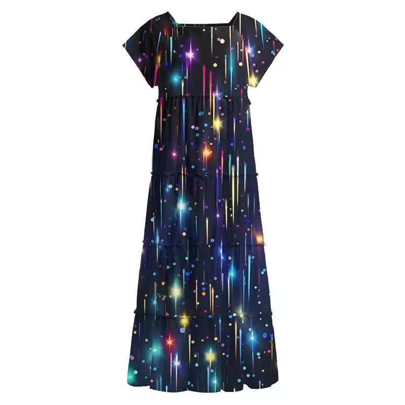 Soulisfree Neon Meteor Shower Galaxy Square Neck Maxi Dress