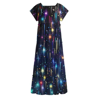 Soulisfree Neon Meteor Shower Galaxy Square Neck Maxi Dress