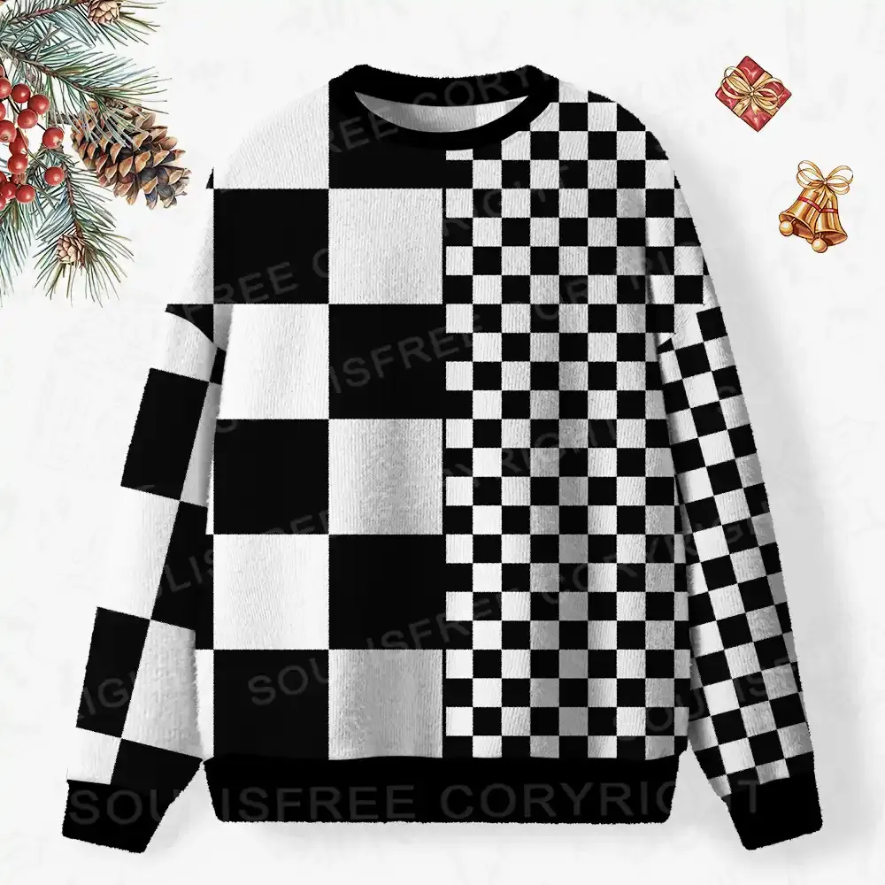 Monochrome Checkerboard Ugly Christmas Knit Sweatshirt