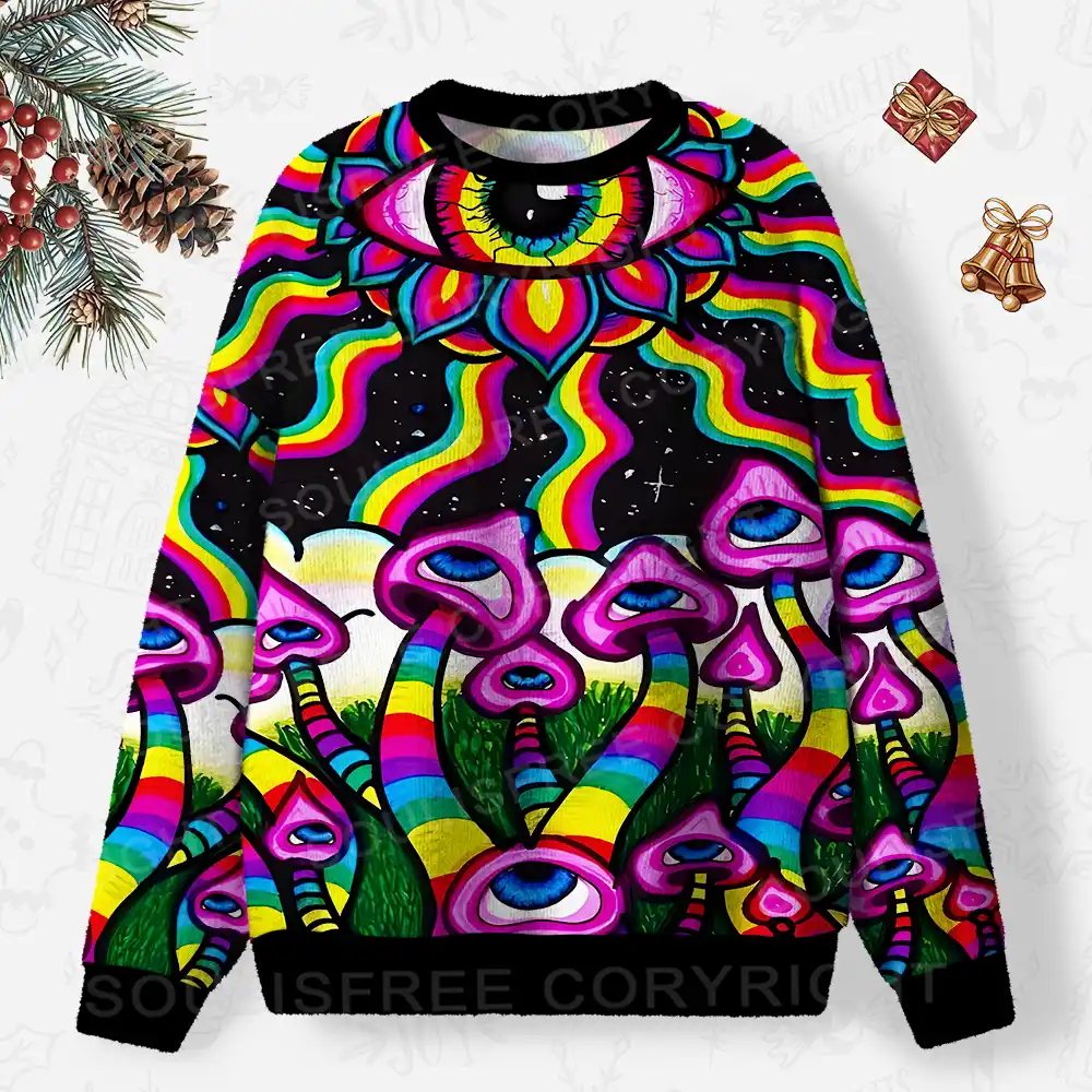 Neon Psychedelic Shroom Ugly Christmas Knit Sweatshirt