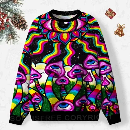 Neon Psychedelic Shroom Ugly Christmas Knit Sweatshirt