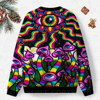Neon Psychedelic Shroom Ugly Christmas Knit Sweatshirt