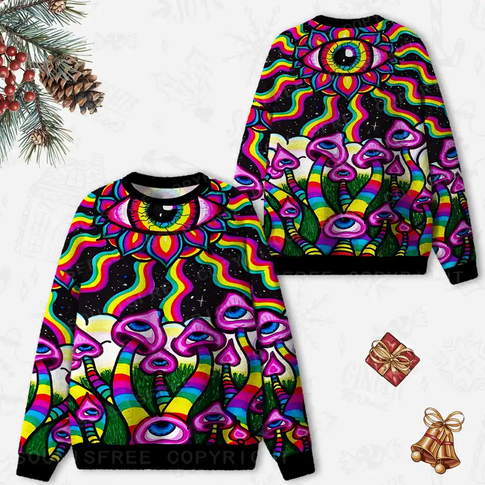 Neon Psychedelic Shroom Ugly Christmas Knit Sweatshirt