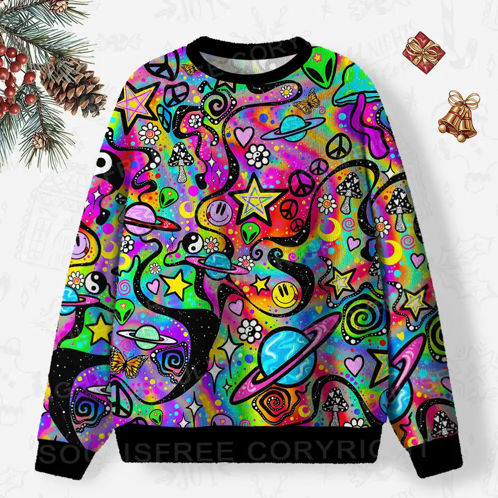 Psychedelic Symbol Collage Ugly Christmas Knit Sweatshirt