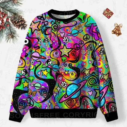 Psychedelic Symbol Collage Ugly Christmas Knit Sweatshirt