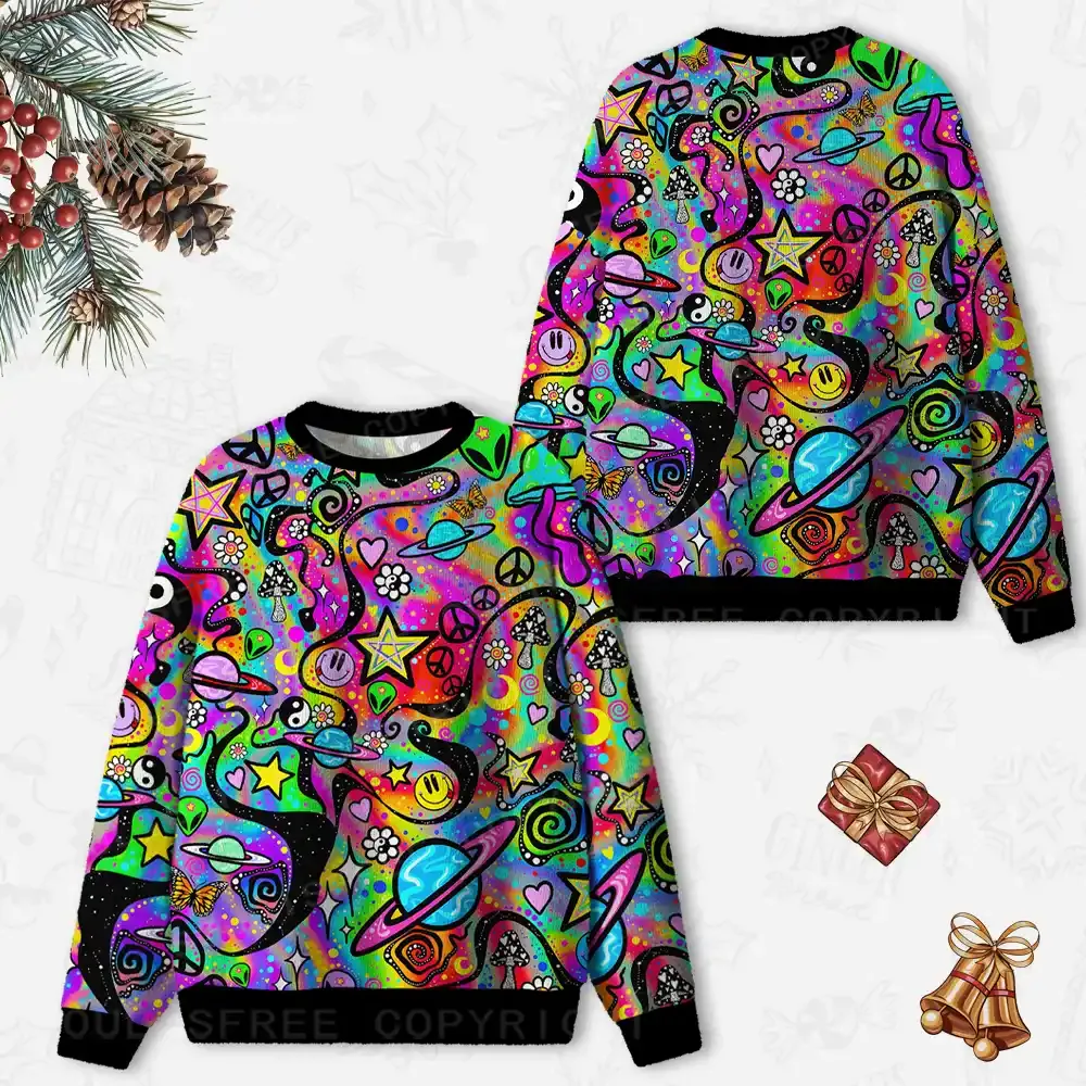 Psychedelic Symbol Collage Ugly Christmas Knit Sweatshirt