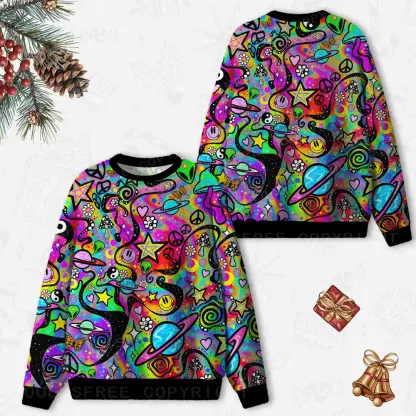 Psychedelic Symbol Collage Ugly Christmas Knit Sweatshirt