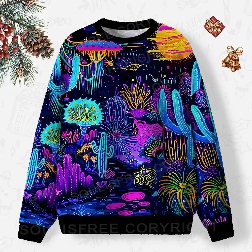 Psychedelic Desert Oasis Ugly Christmas Knit Sweatshirt