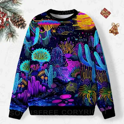 Psychedelic Desert Oasis Ugly Christmas Knit Sweatshirt