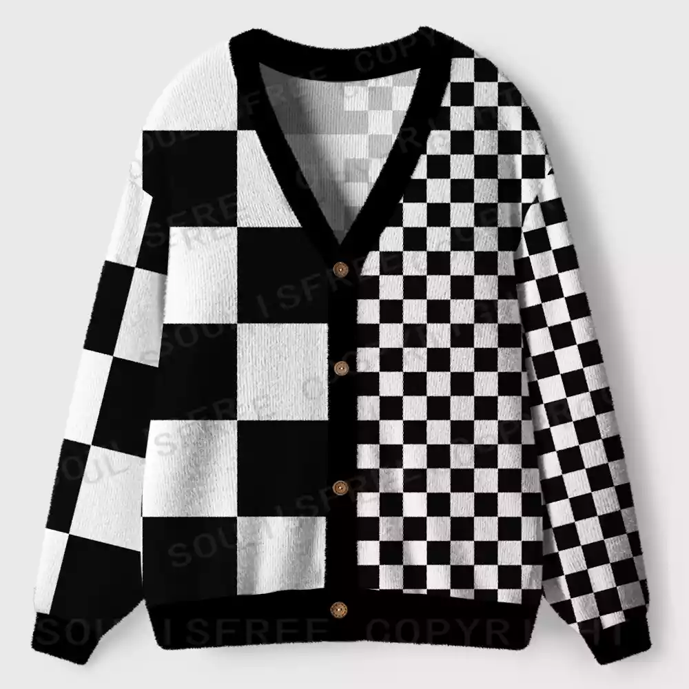 Monochrome Checkerboard Ugly Cardigan Sweaters