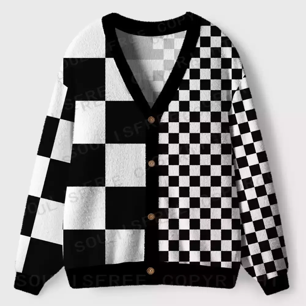 Monochrome Checkerboard Ugly Cardigan Sweaters