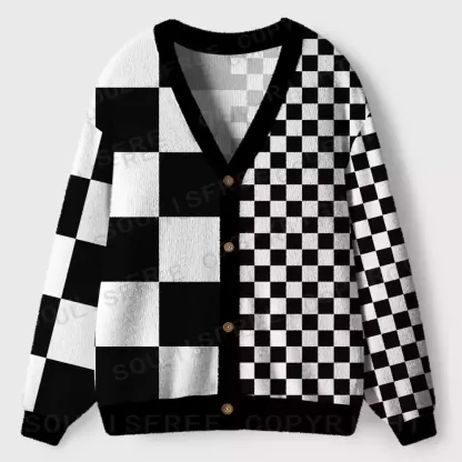 Monochrome Checkerboard Ugly Cardigan Sweaters