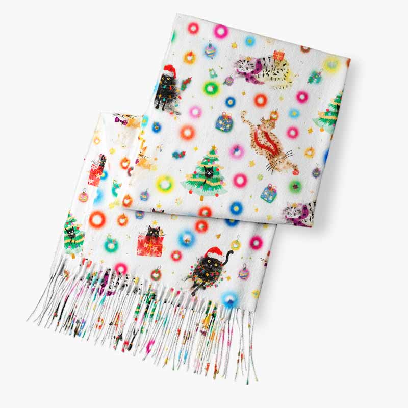 Soulisfree Whiskers And Christmas Wishes Fuzzy Fringed Scarf
