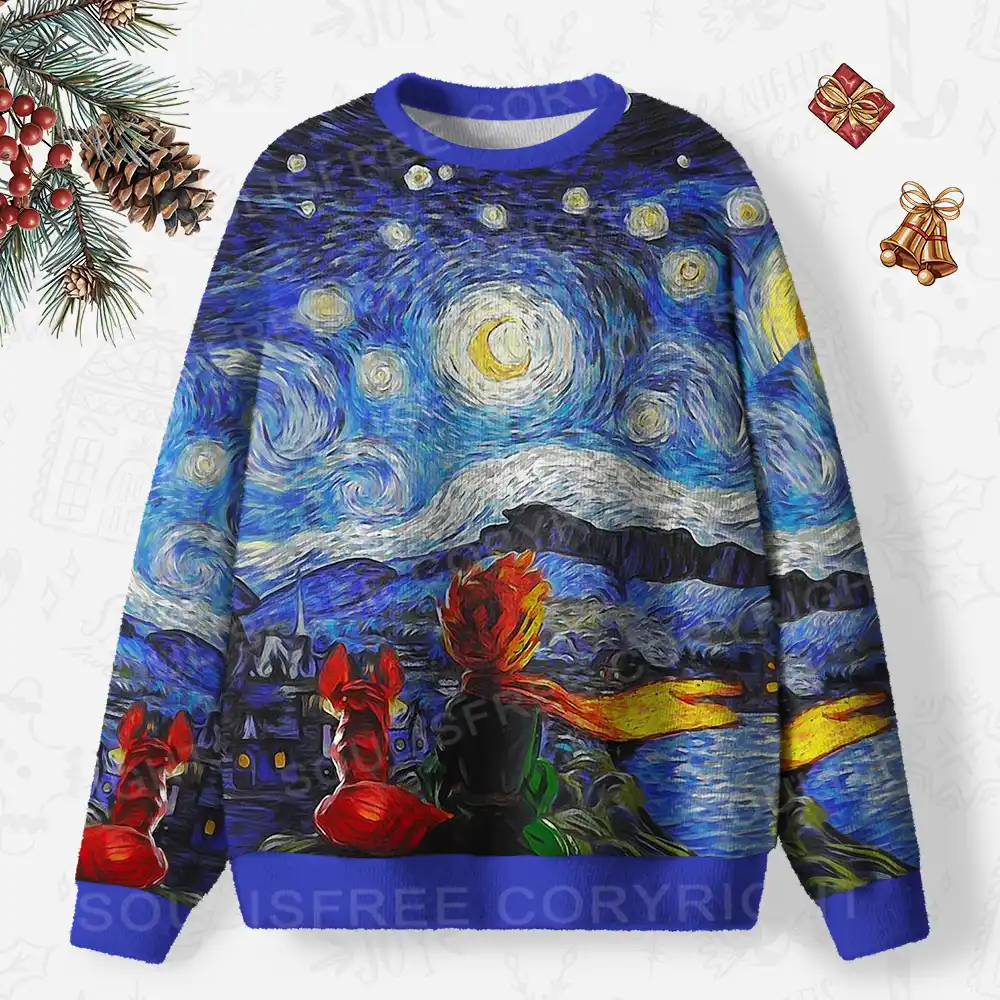 Foxes Under the Starry Night Ugly Christmas Knit Sweatshirt