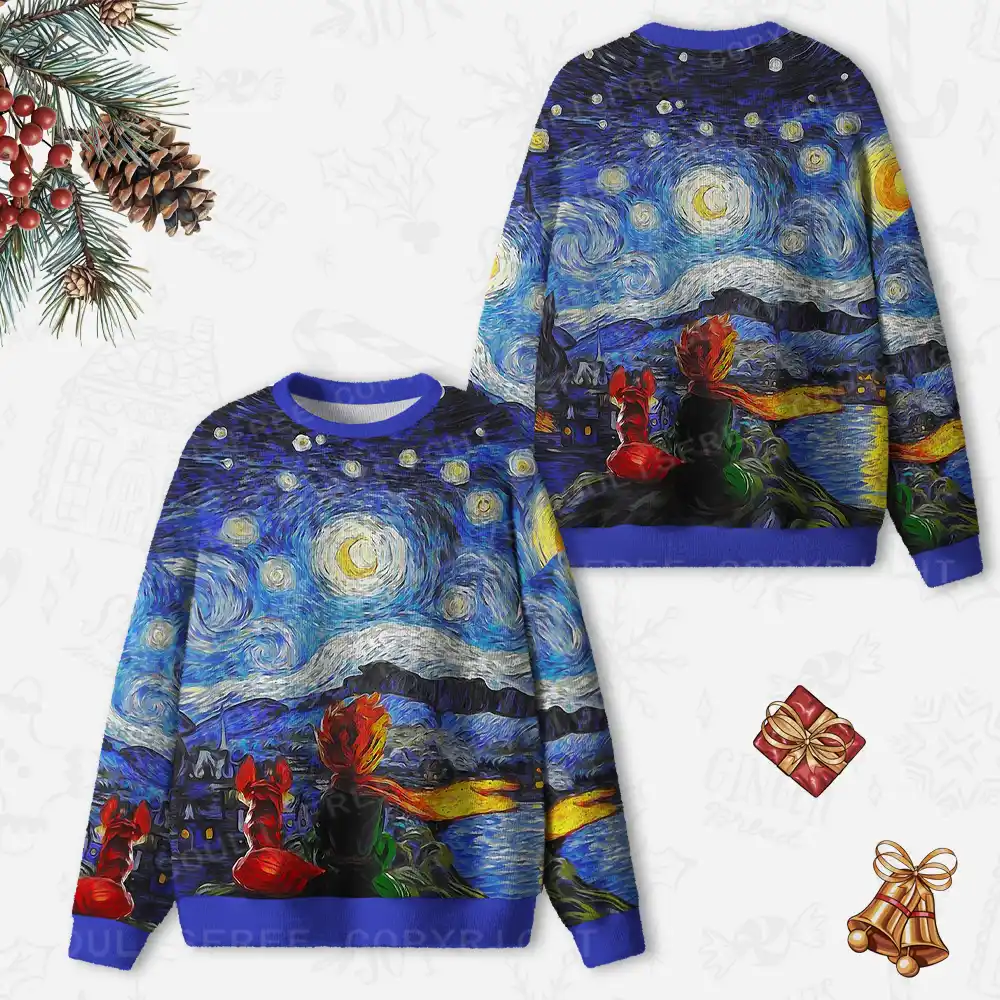 Foxes Under the Starry Night Ugly Christmas Knit Sweatshirt