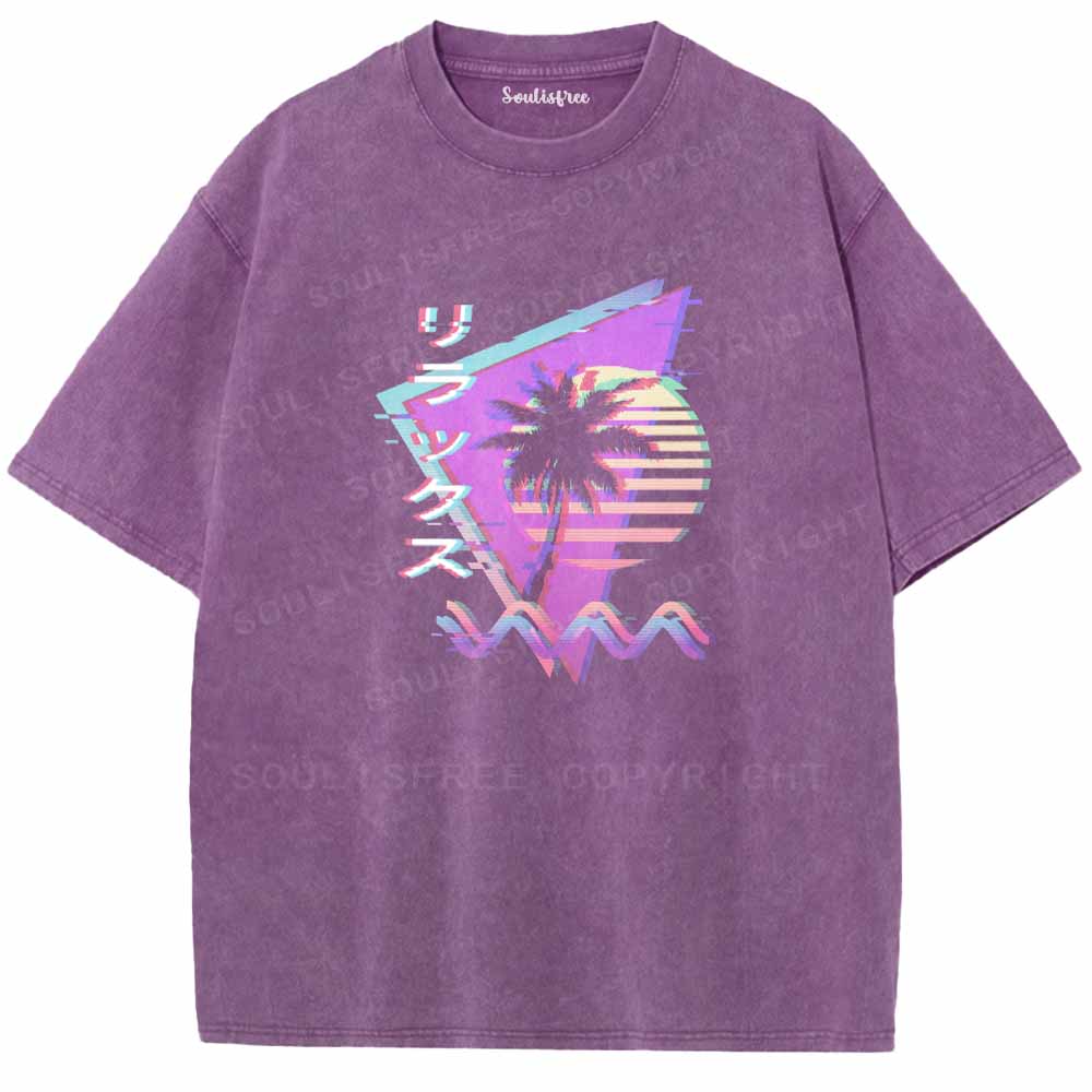 Soulisfree Vaporwave Retro 90s Sunset Glitch Aesthetic Washed Tee