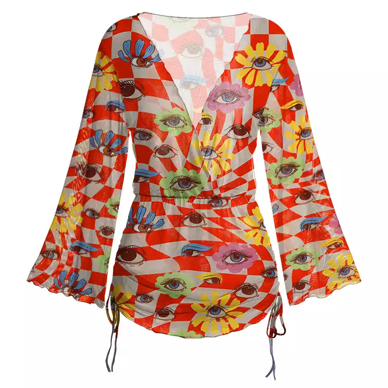 Soulisfree Checkered Ocular Bloom Sheer Mesh Cover Up