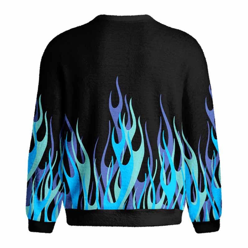 Soulisfree Blue Neon Fire Fuzzy Crewneck Sweater