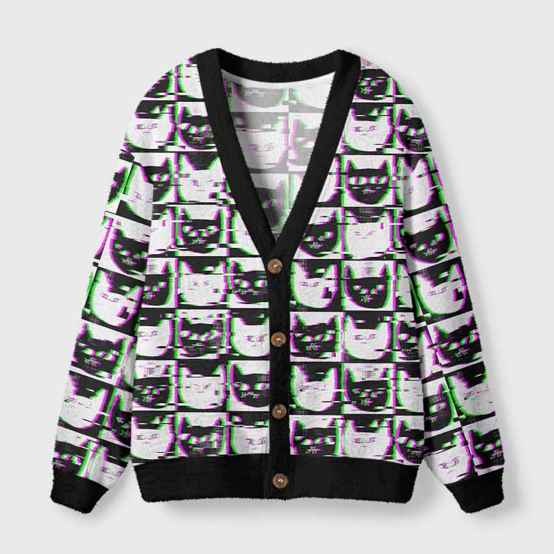 Soulisfree Neon Glitch Cat  Fuzzy Cardigan Sweater