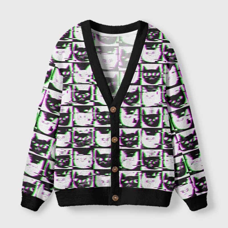 Soulisfree Neon Glitch Cat Fuzzy Cardigan Sweater
