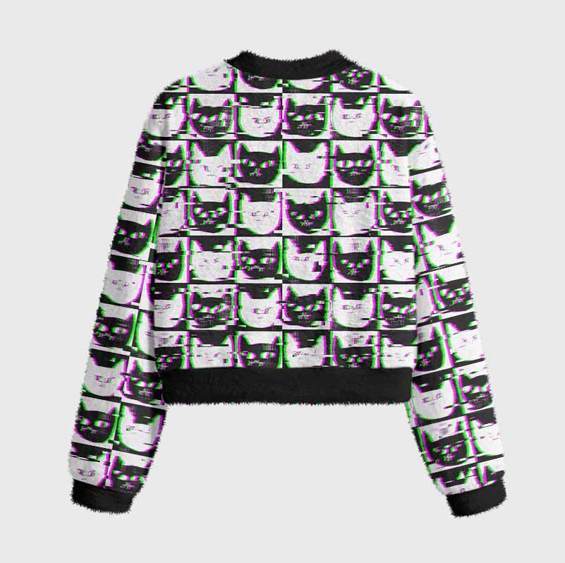 Soulisfree Neon Glitch Cat Women's Fuzzy Crewneck Sweater