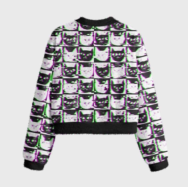 Soulisfree Neon Glitch Cat Women's Fuzzy Crewneck Sweater