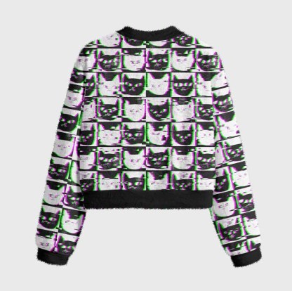 Soulisfree Neon Glitch Cat Women's Fuzzy Crewneck Sweater